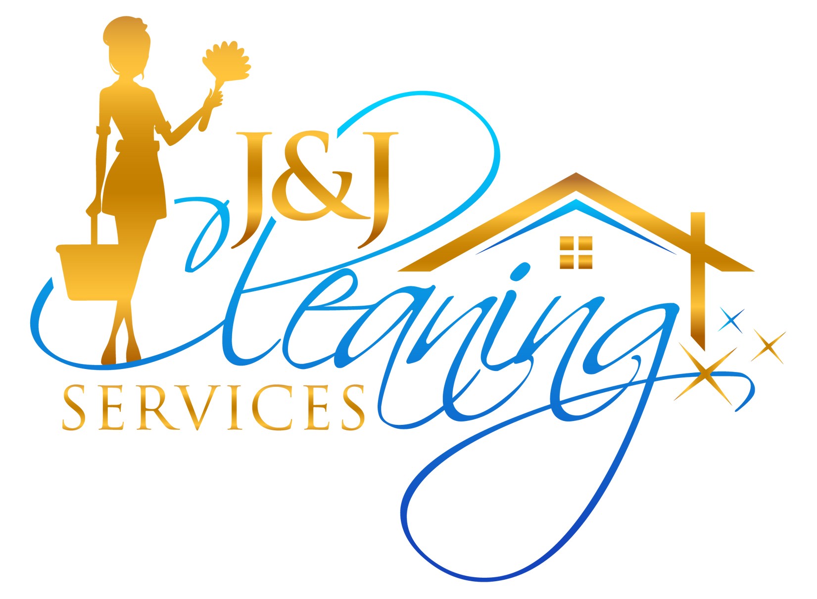 A logo for j & j cleaning services with a woman holding a broom