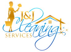 A logo for j & j cleaning services with a woman holding a broom