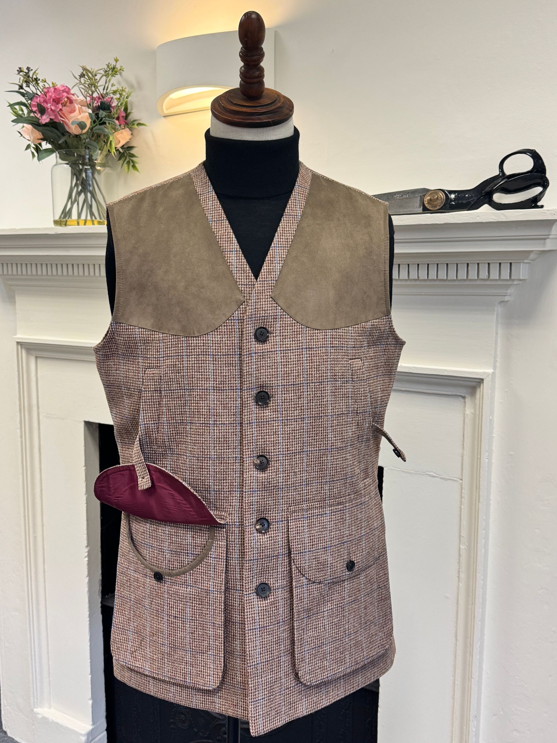 Brown tweed shooting gilet with bellows pockets and shooting patches