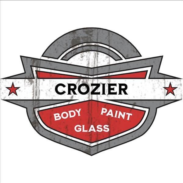 A logo for Crozier Body Paint Glass with red, white, and gray text and shapes featuring a vintage-style shield design.
