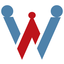Ein blau-rotes Logo mit dem Buchstaben W
