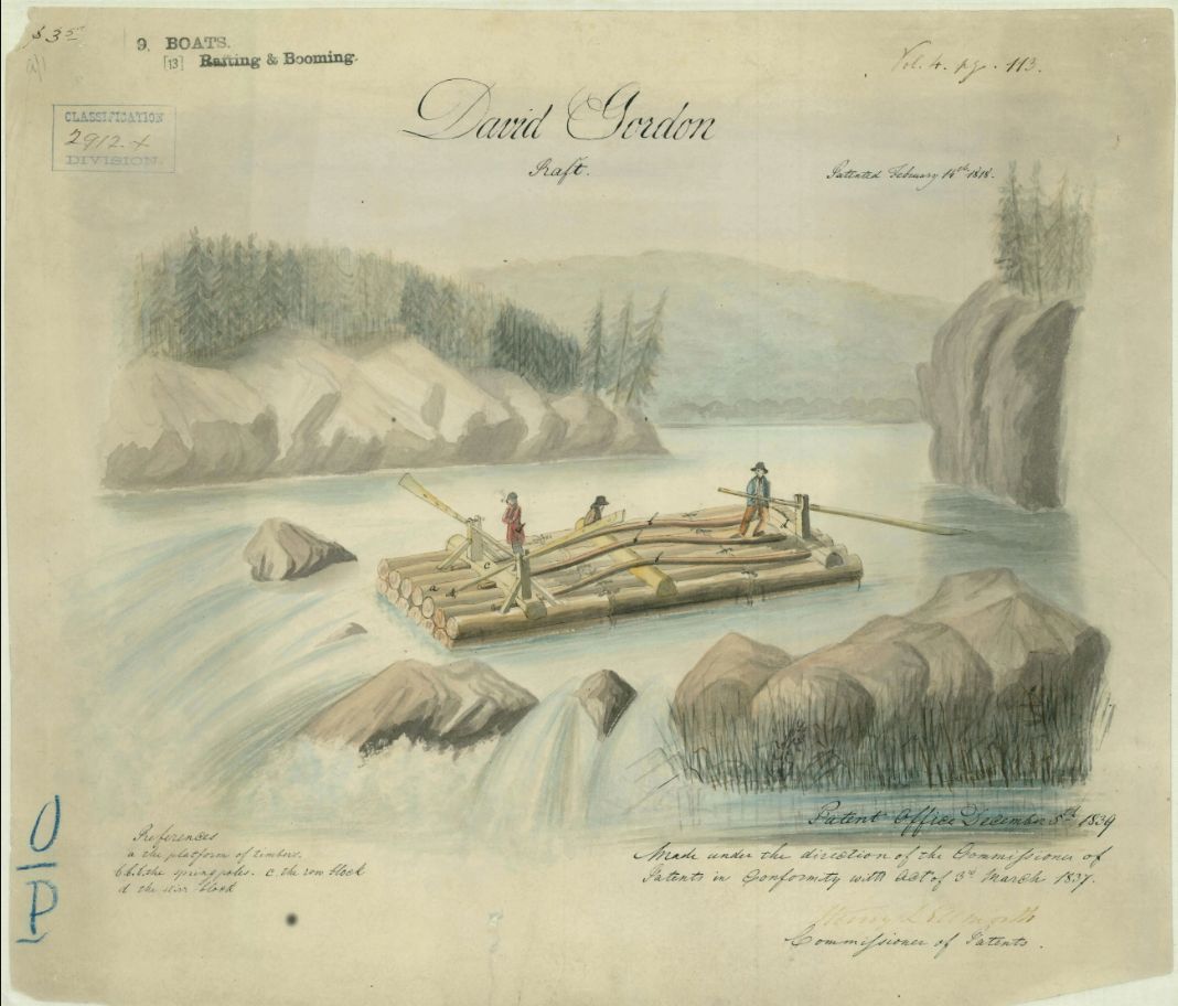 Logs being floated down a river by three men on a raft.