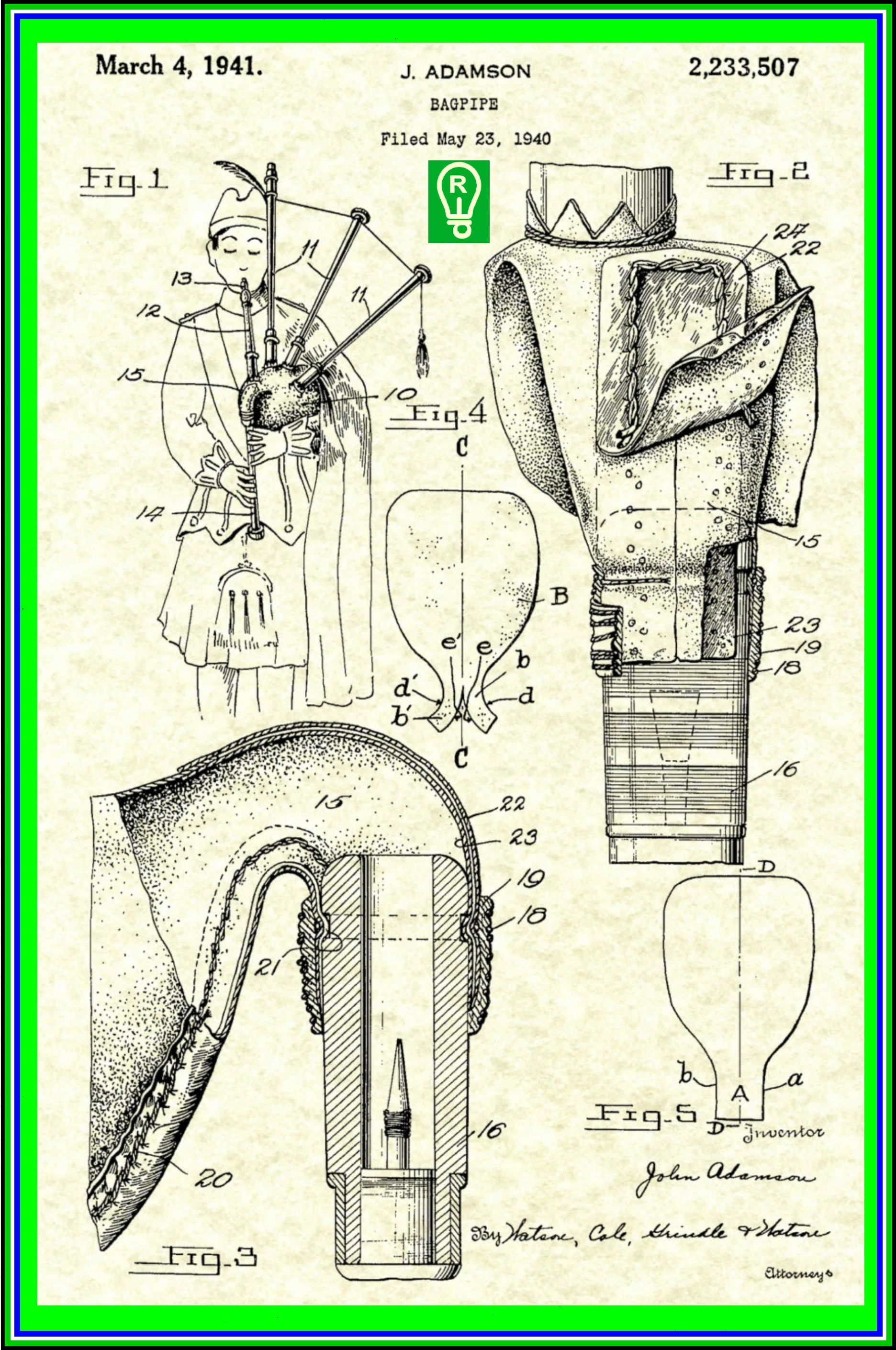 Patent illustration: A person playing bagpipes. Includes detailed sectional views of the instrument.
