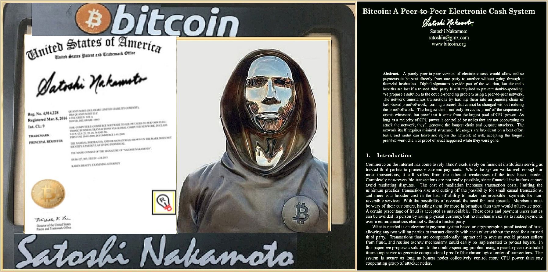 A composite with a Bitcoin logo, a document with