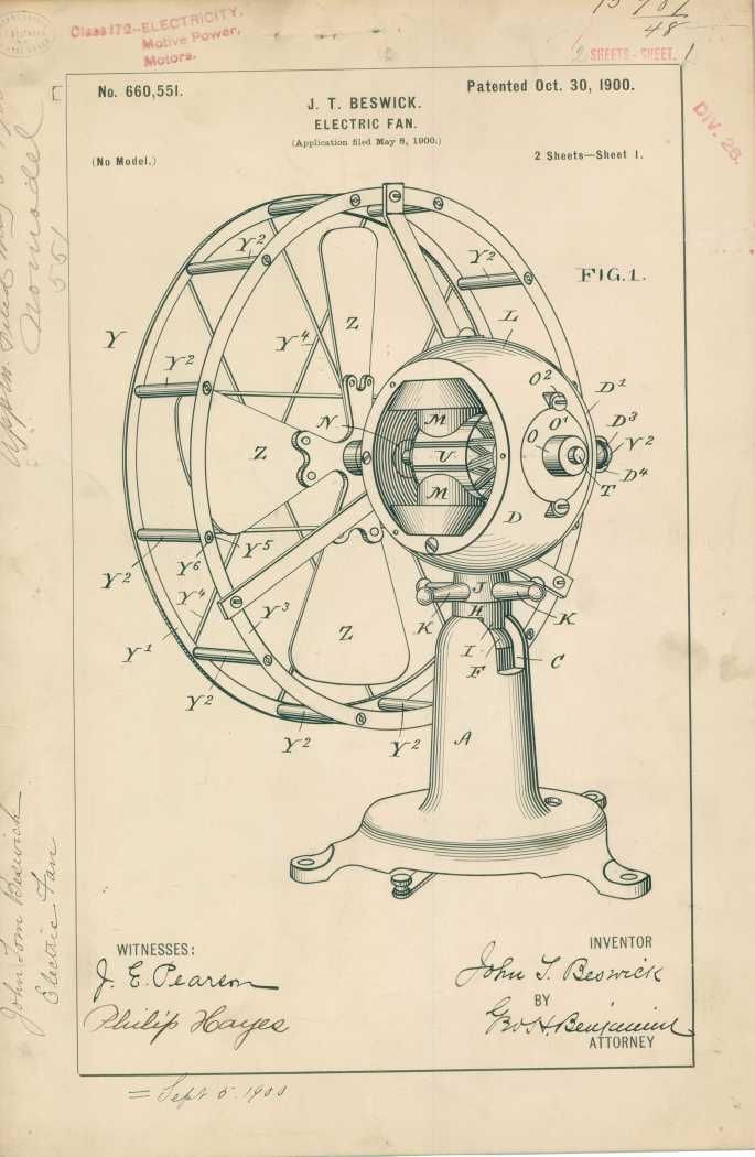 Patent drawing of an electric fan, angled view, with circular blade housing and base.