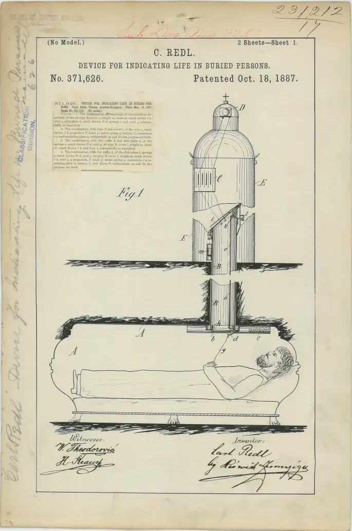 Architectural drawing of a tower with a dome. Shows interior and exterior features in black and white.