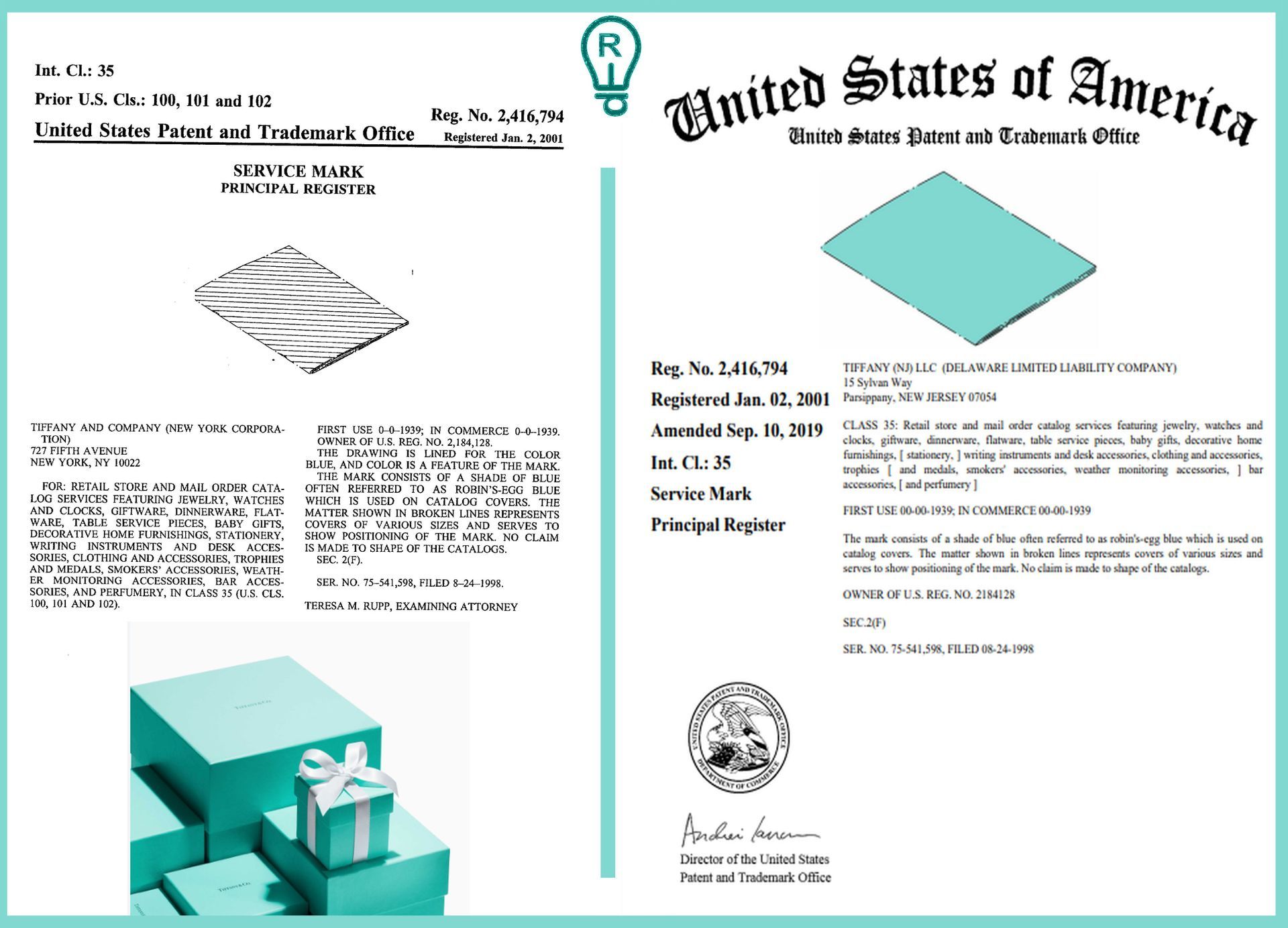 Tiffany & Co. trademark, teal box with a white bow. Patent document detailing the trademark on a light teal background.