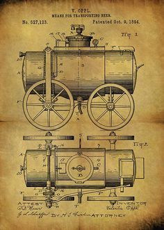 Patent diagram for a beer transport vehicle, featuring side and top views of a barrel-shaped cart.