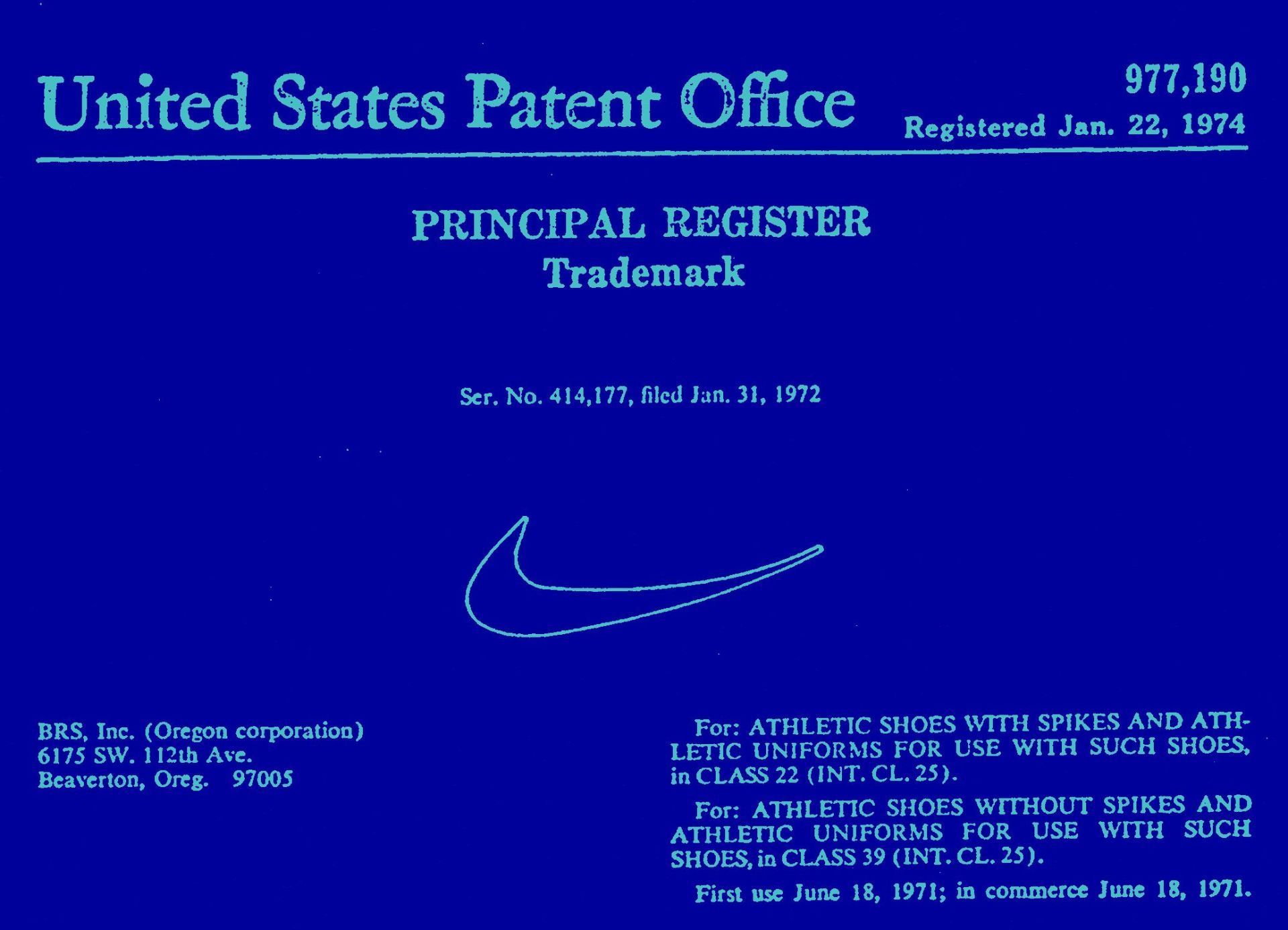 Nike trademark registration document, blue background, featuring the Nike swoosh logo.