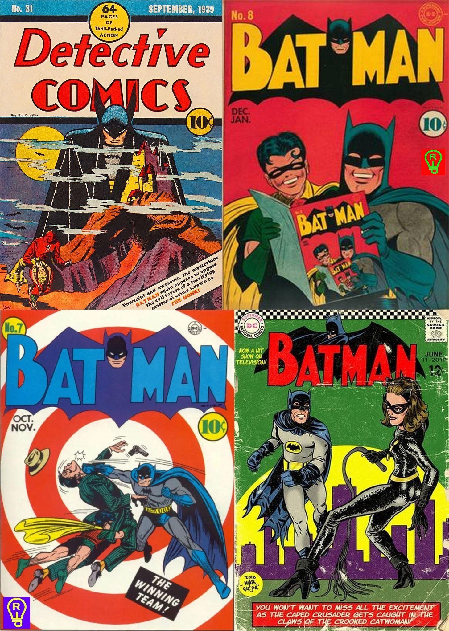Vintage comic book covers of Batman and Robin. Varying colors and styles, featuring action scenes.
