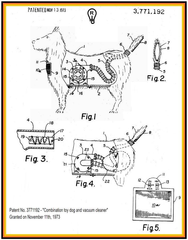 Patent drawing: a dog with internal mechanism for vacuuming and toy features.