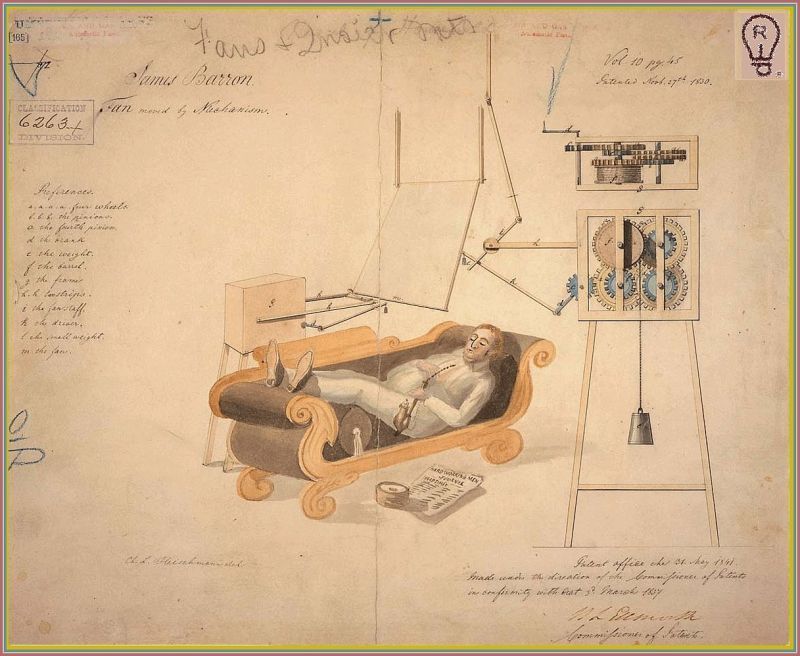 A man reclines on a chaise lounge, connected to scientific apparatus. Blueprint-style drawing with notes.