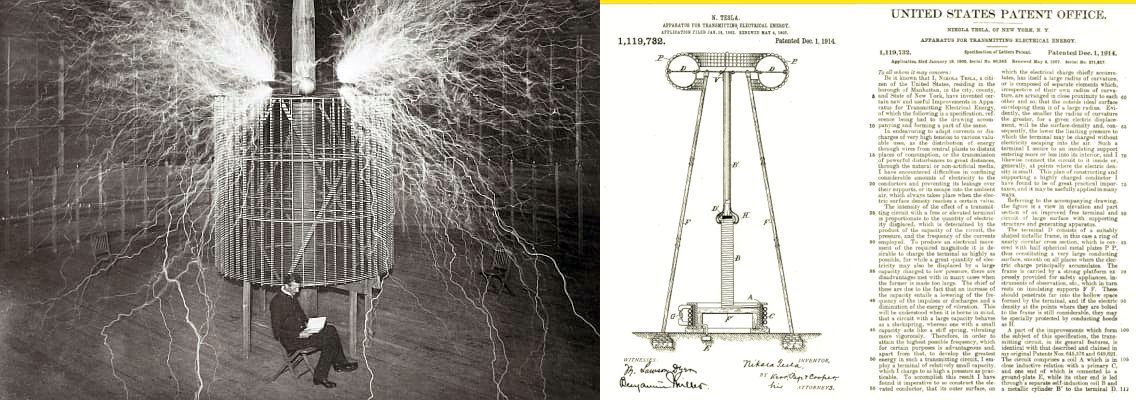 Nikola Tesla inside a Tesla coil. Lightning arcs around him. Patent document on the right.