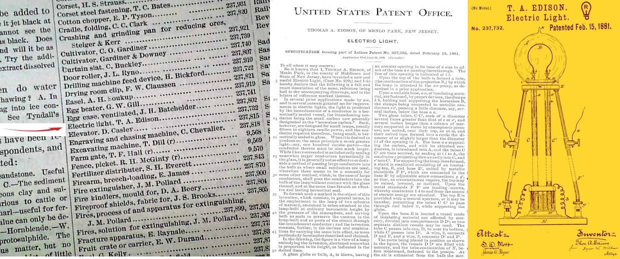 A triptych of handwritten notes, a newspaper article, and a yellow patent diagram.