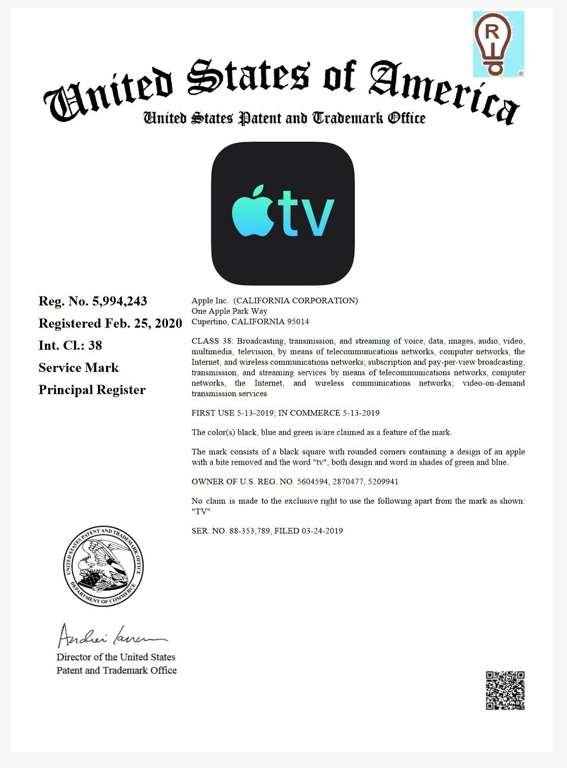 Trademark Certificate for Apple TV, featuring logo and legal text from the United States Patent and Trademark Office.