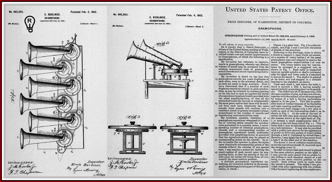 Patent drawings of a multi-speaker device, a gramophone, and a written document with a dense text.