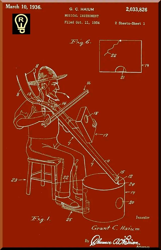 Patent illustration of a man using a musical instrument, with a barrel and long arm, on a red background.