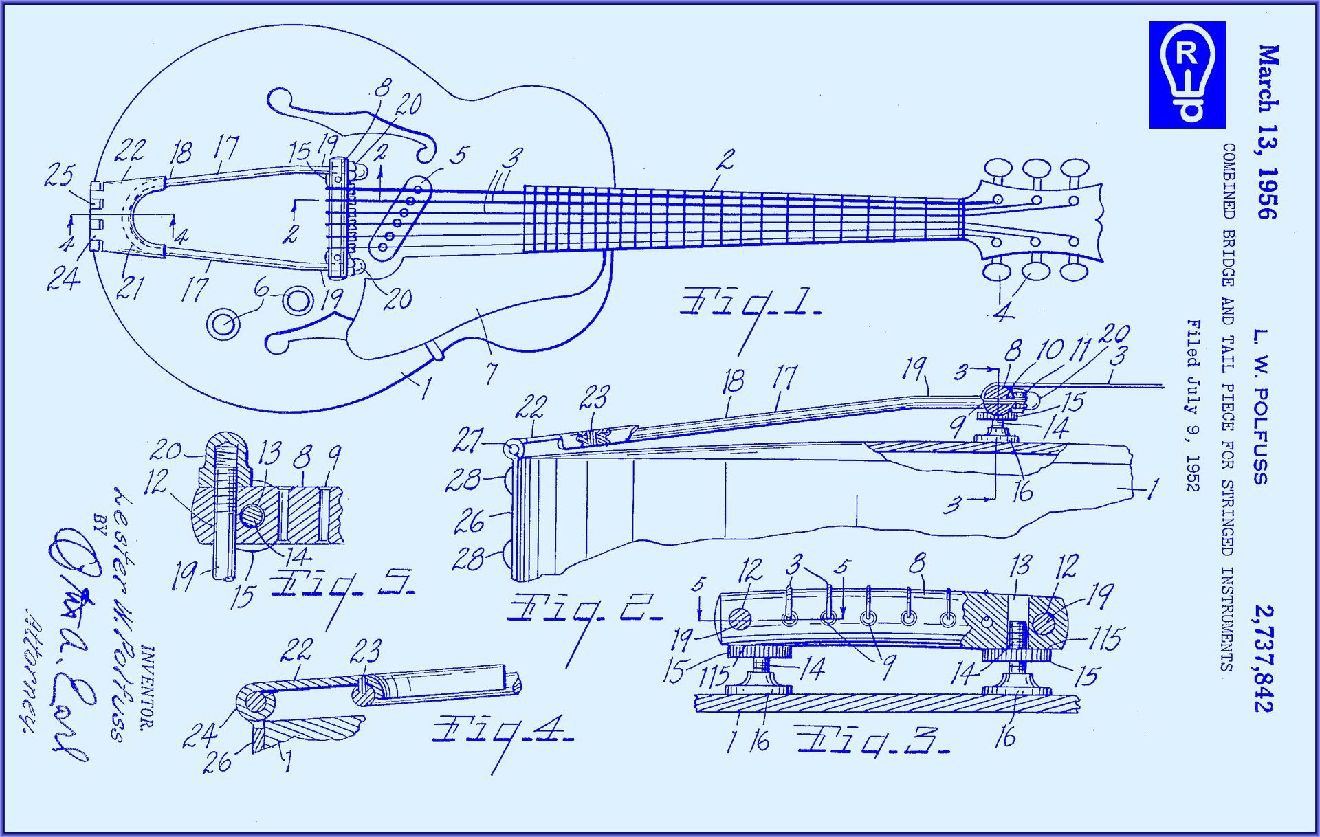 Blue guitar blueprint with diagrams and patent information.