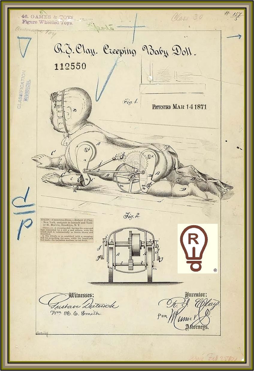 Patent drawing of a child's European baby bath, showing a lying baby in a bath and a cross-section.