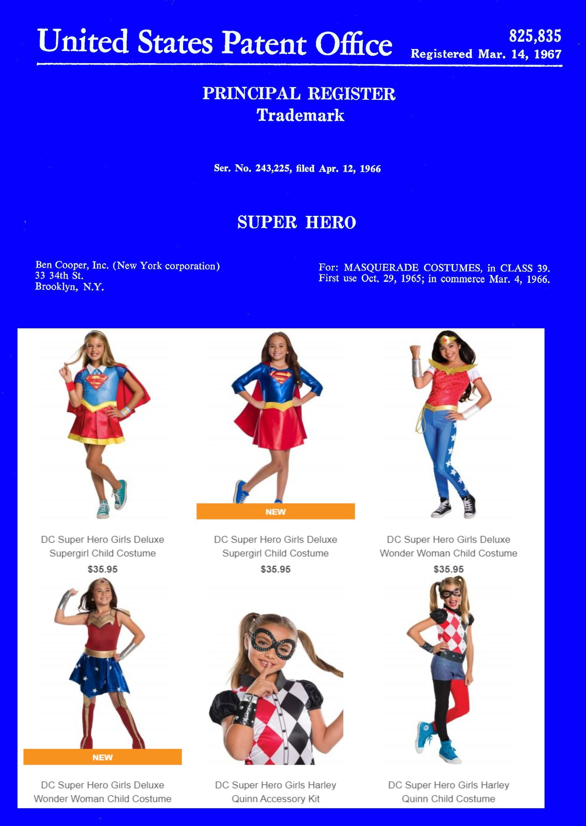 Trademark registration for SUPER HERO; costumes for girls.