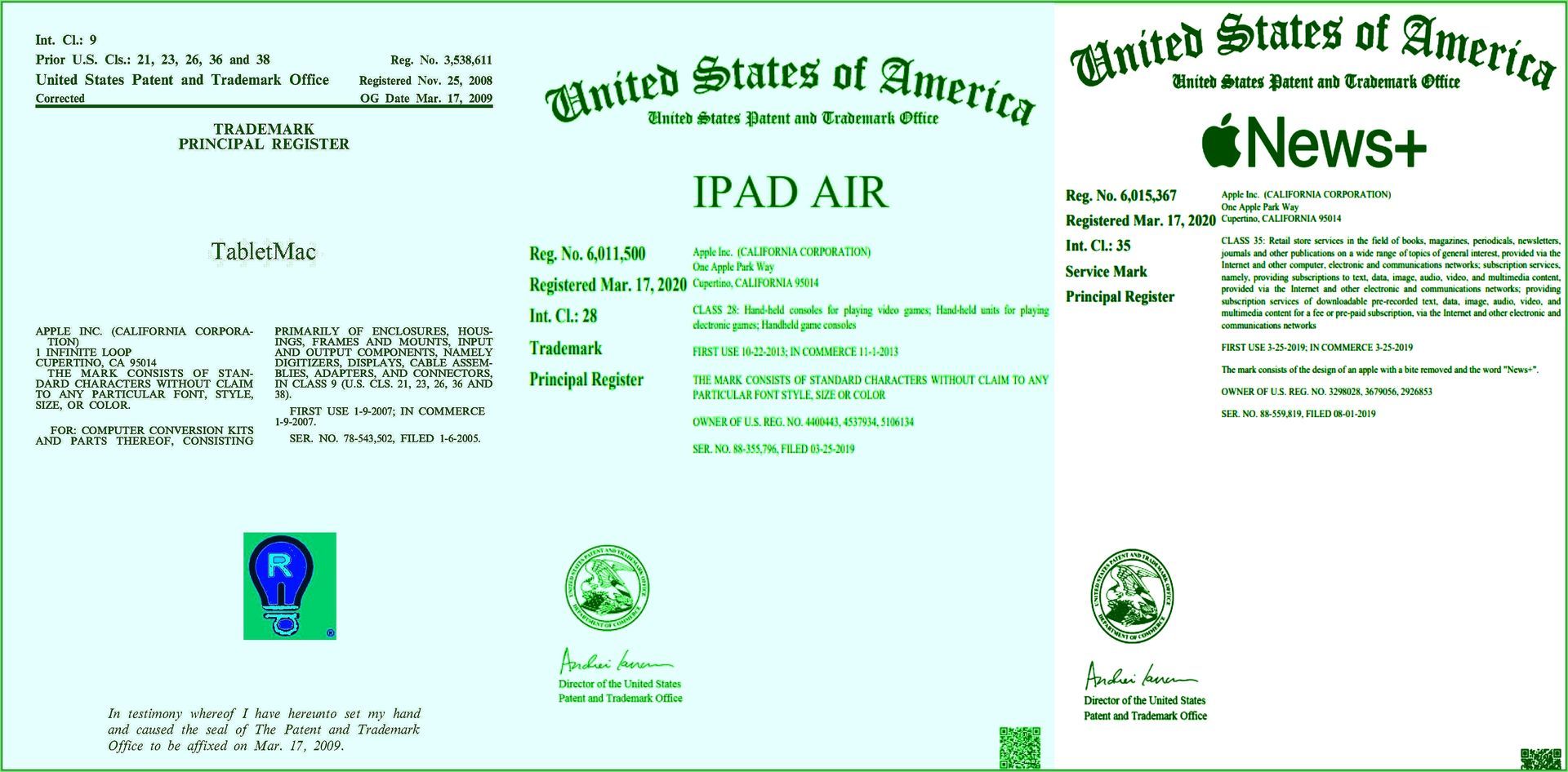 Patent documents for iPad Air and Apple News+ from the United States Patent and Trademark Office.