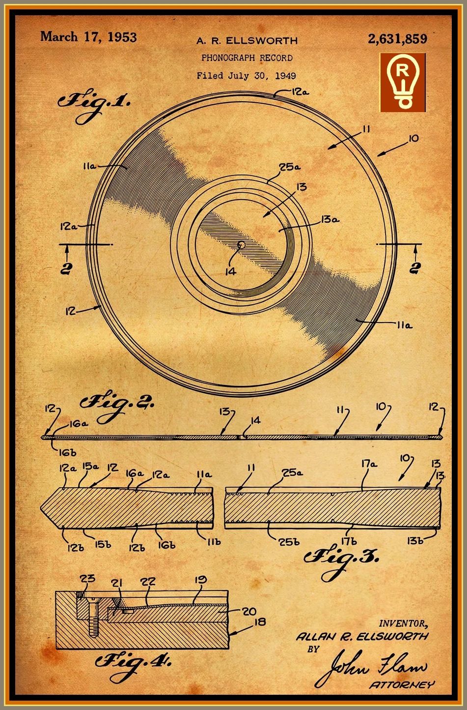 Patent drawing of a rotating disc, showing cross-sections and details. Brown and beige colors.