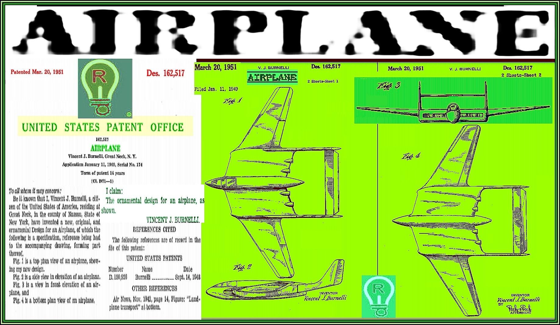 Patent illustration of an airplane design, green on white, with patent information at the left.