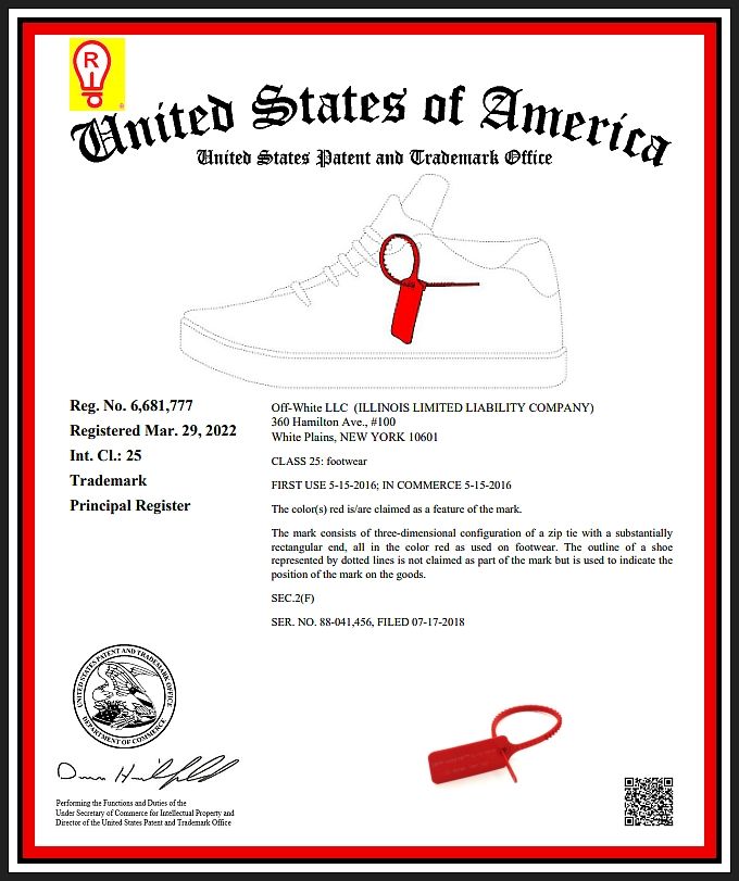 United States trademark for a sneaker with a red security tag, a patent document.