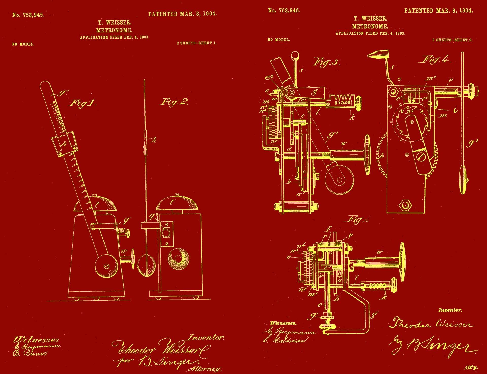 Red and gold patent diagrams of mechanical devices.