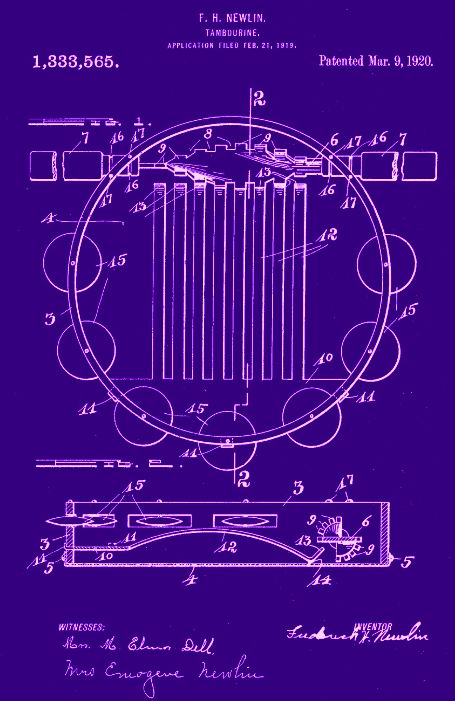 Patent diagram of a tambourine, showing a top view, and a side view with its components.