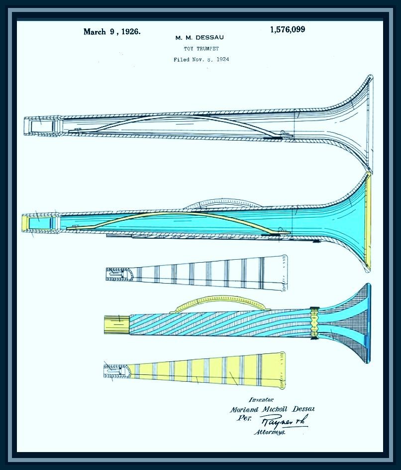 Patent drawing of a musical instrument; blue and yellow coloring.