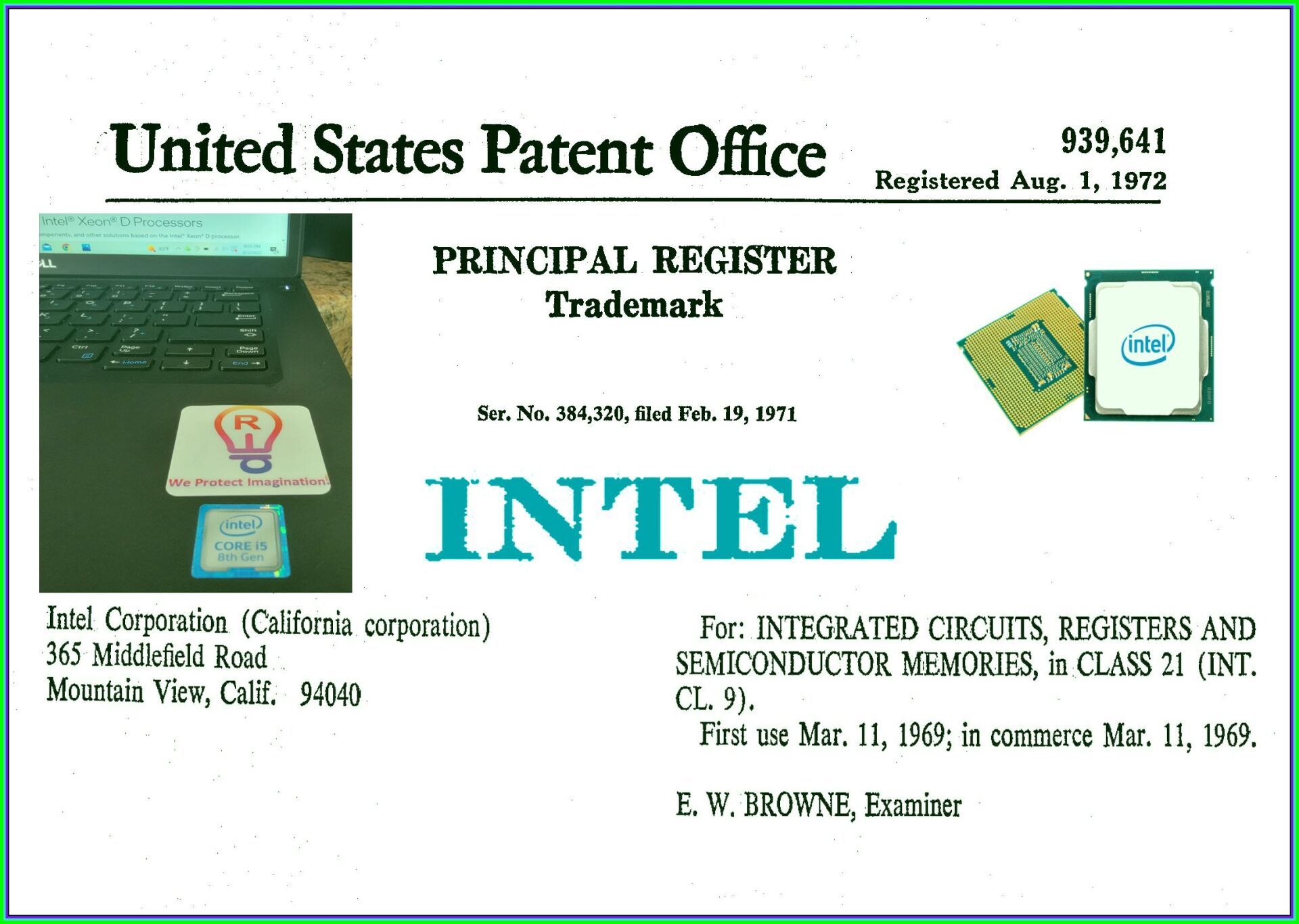 Intel trademark document with a photo of a laptop and chips.