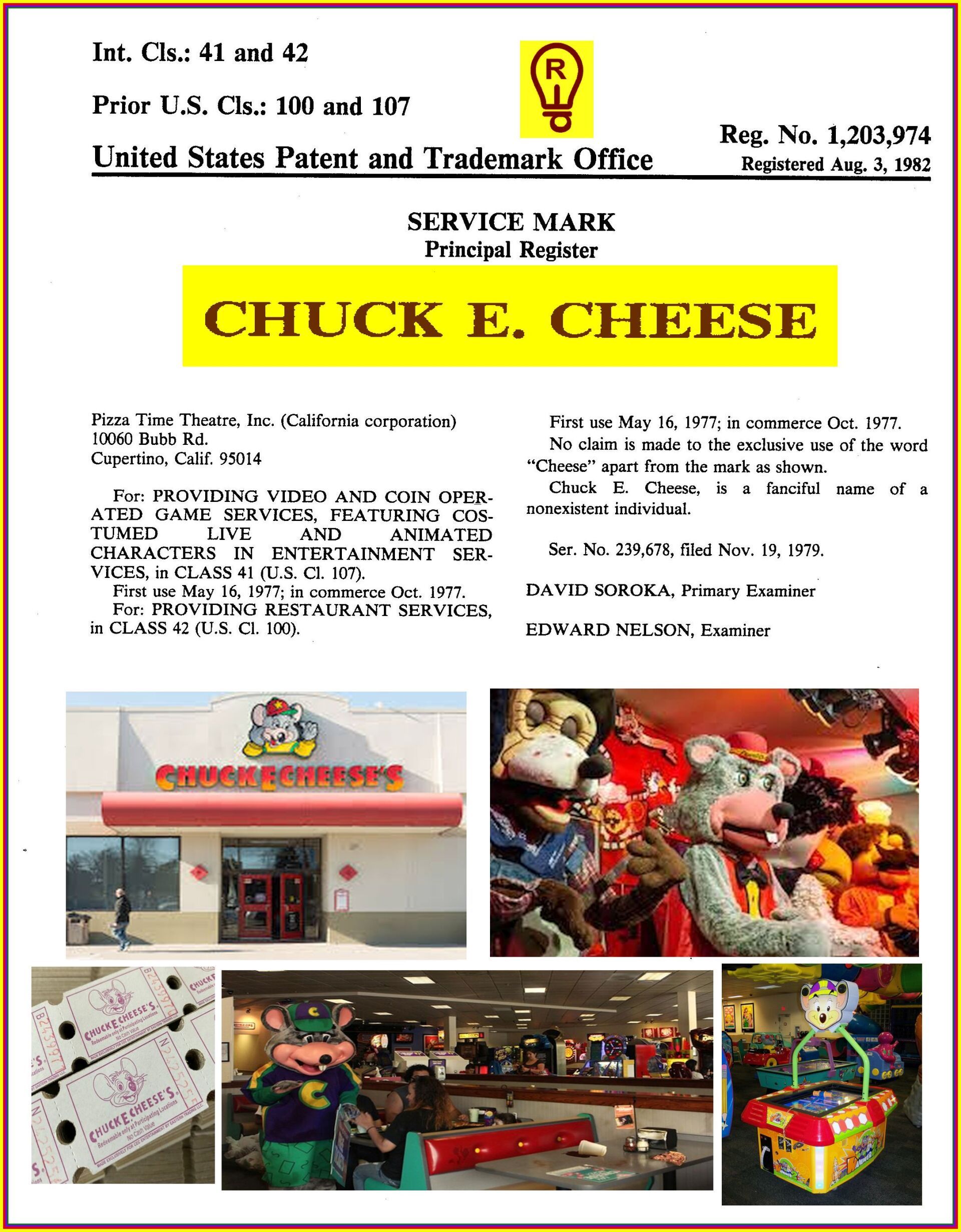 Chuck E. Cheese service mark registration. Includes logo, storefront, characters, tickets, and arcade games.