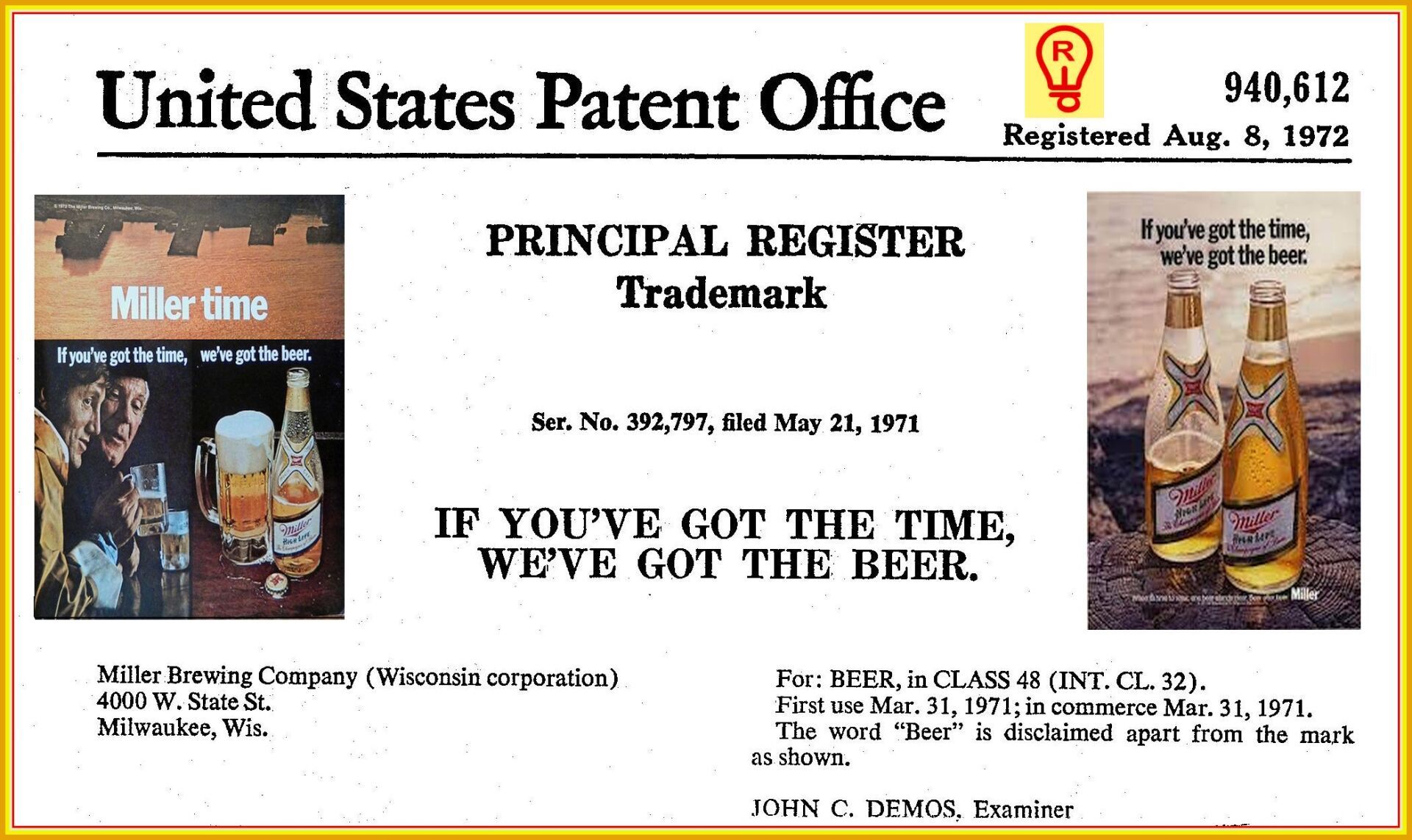 United States Patent Office trademark for Miller beer with the slogan: