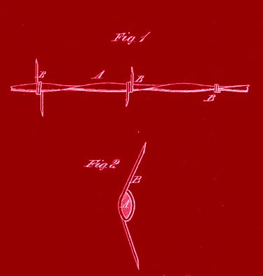 Diagram of barbed wire; white lines on red background. Figure 1 shows wire with barbs. Figure 2 is a close-up of a barb.