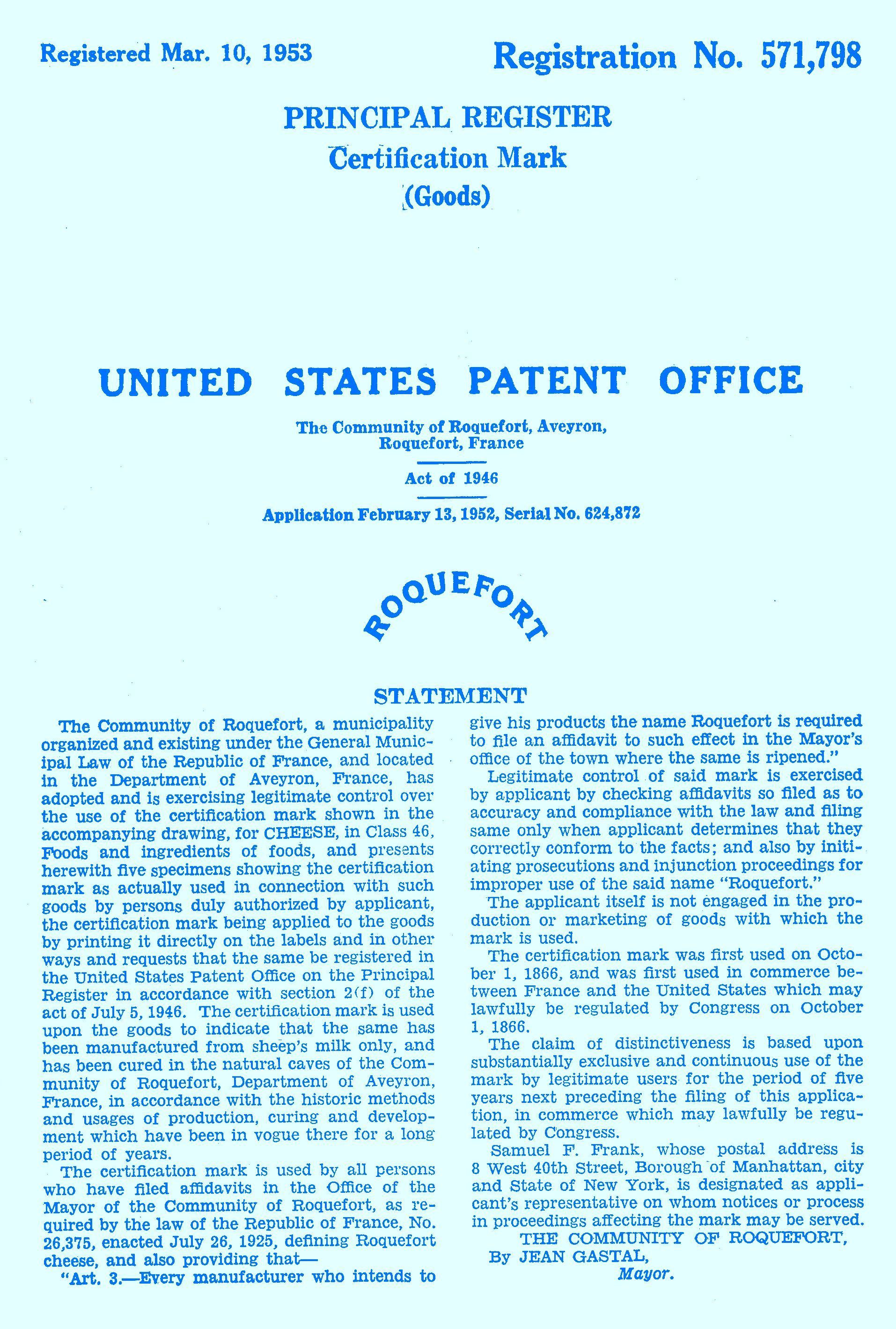 Blue document: U.S. Patent Office registration for Roquefort cheese; text on a light blue background.