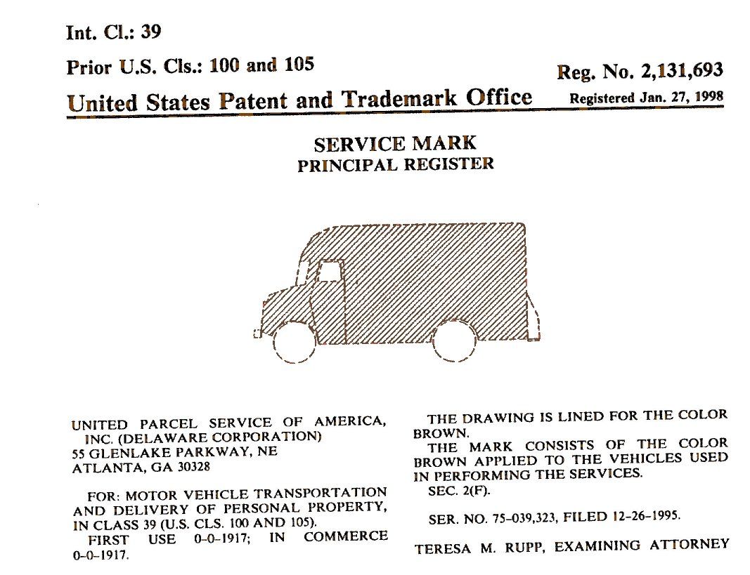 United States Patent and Trademark Office document with a brown truck image. Service mark for vehicle transportation and delivery in Atlanta.