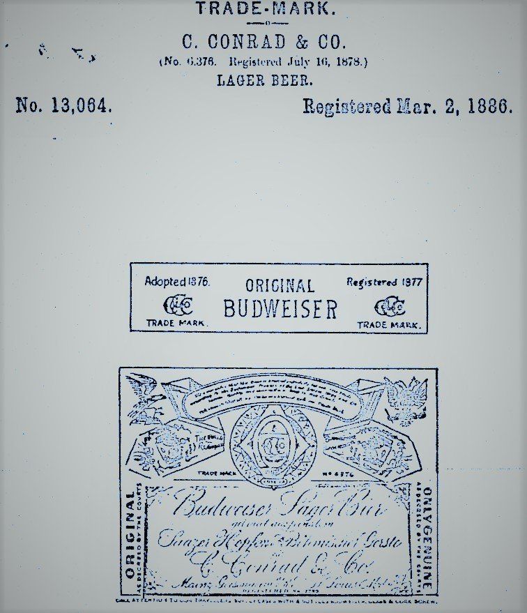 Trademark registration document for Budweiser Lager Beer from C. Conrad & Co. featuring the logo, registered in 1886.