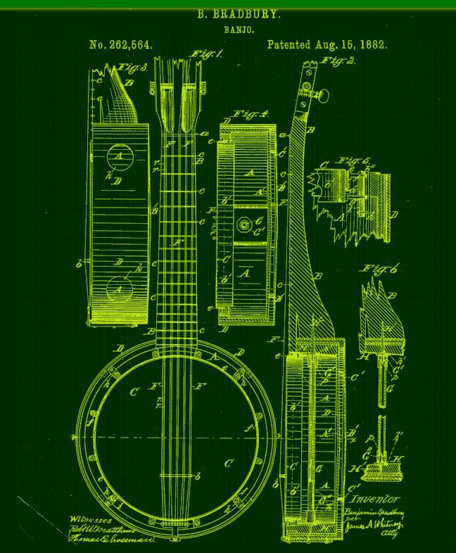 Patent drawing of a banjo in green, detailing its parts with labels and diagrams.
