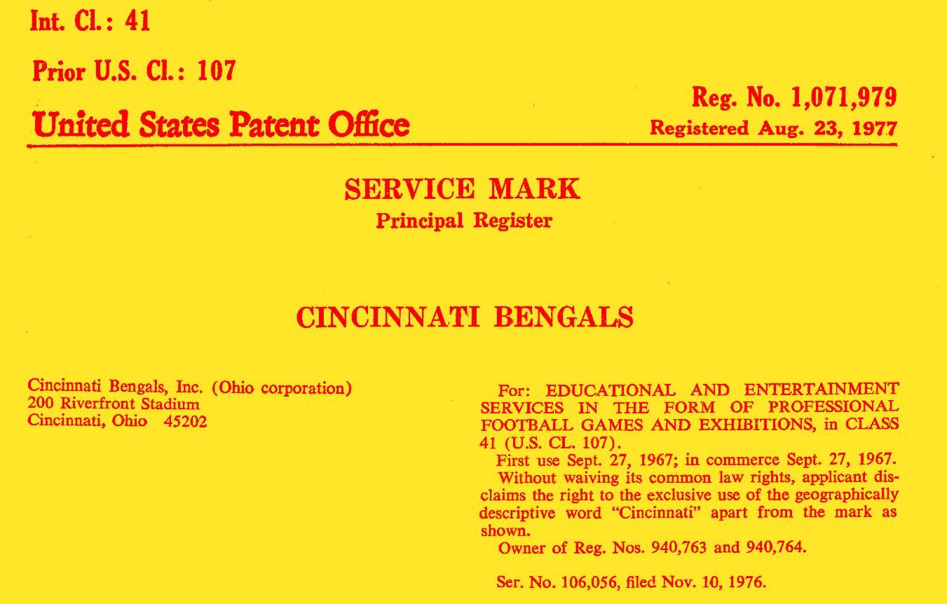 Cincinnati Bengals service mark registration from the U.S. Patent Office, yellow background, red text.