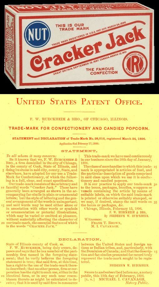 Cracker Jack box trademark with patent document below: red, white, blue branding with text.