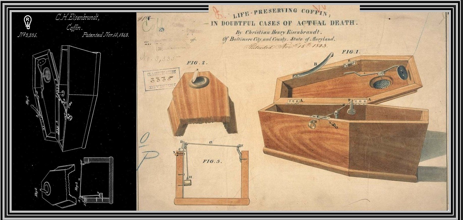 Diagram of a wooden photo booth with a top lid open, alongside technical drawings.