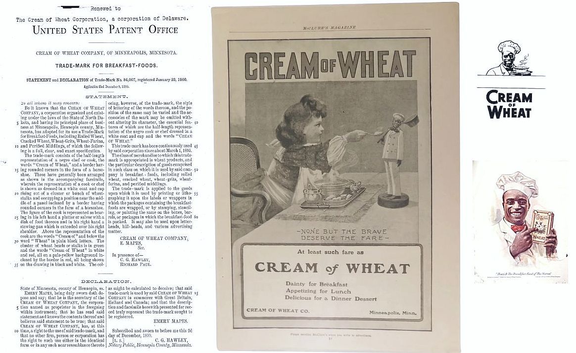 Cream of Wheat advertisements. One with woman pointing at cartoon chef, two small chef logos, and text.