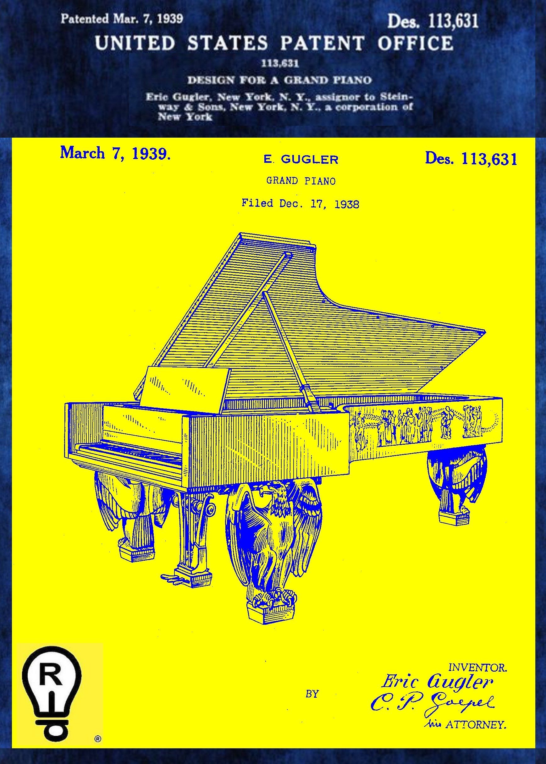Patent for a grand piano design, yellow and blue, from 1939, with an artistic rendering of the instrument.