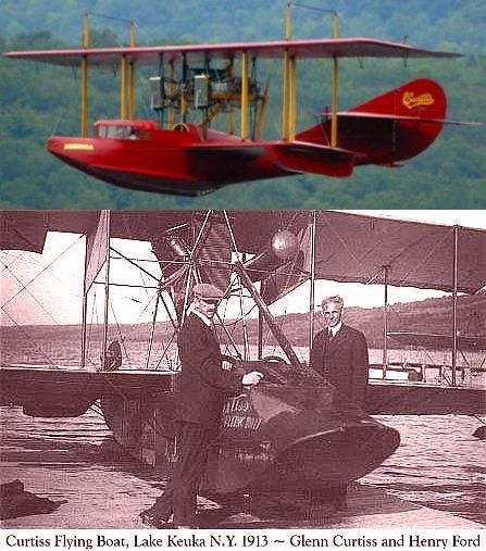 Top: Red Curtiss Flying Boat in flight. Bottom: Curtiss with Henry Ford next to the boat on Lake Keuka, NY, 1913.