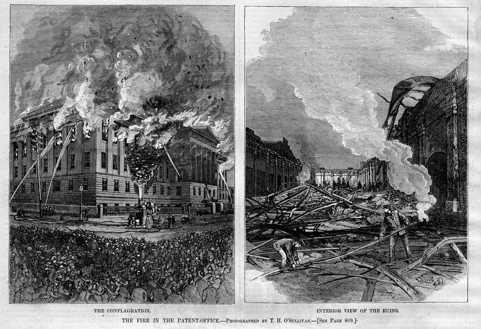 Two panels depicting the burning of the Patent Office building. One shows the building aflame, the other, the aftermath.