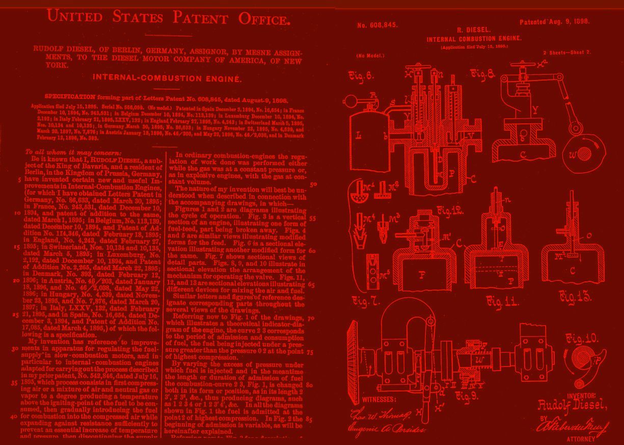 Patent document, red ink on white, showing text and diagrams of machinery.