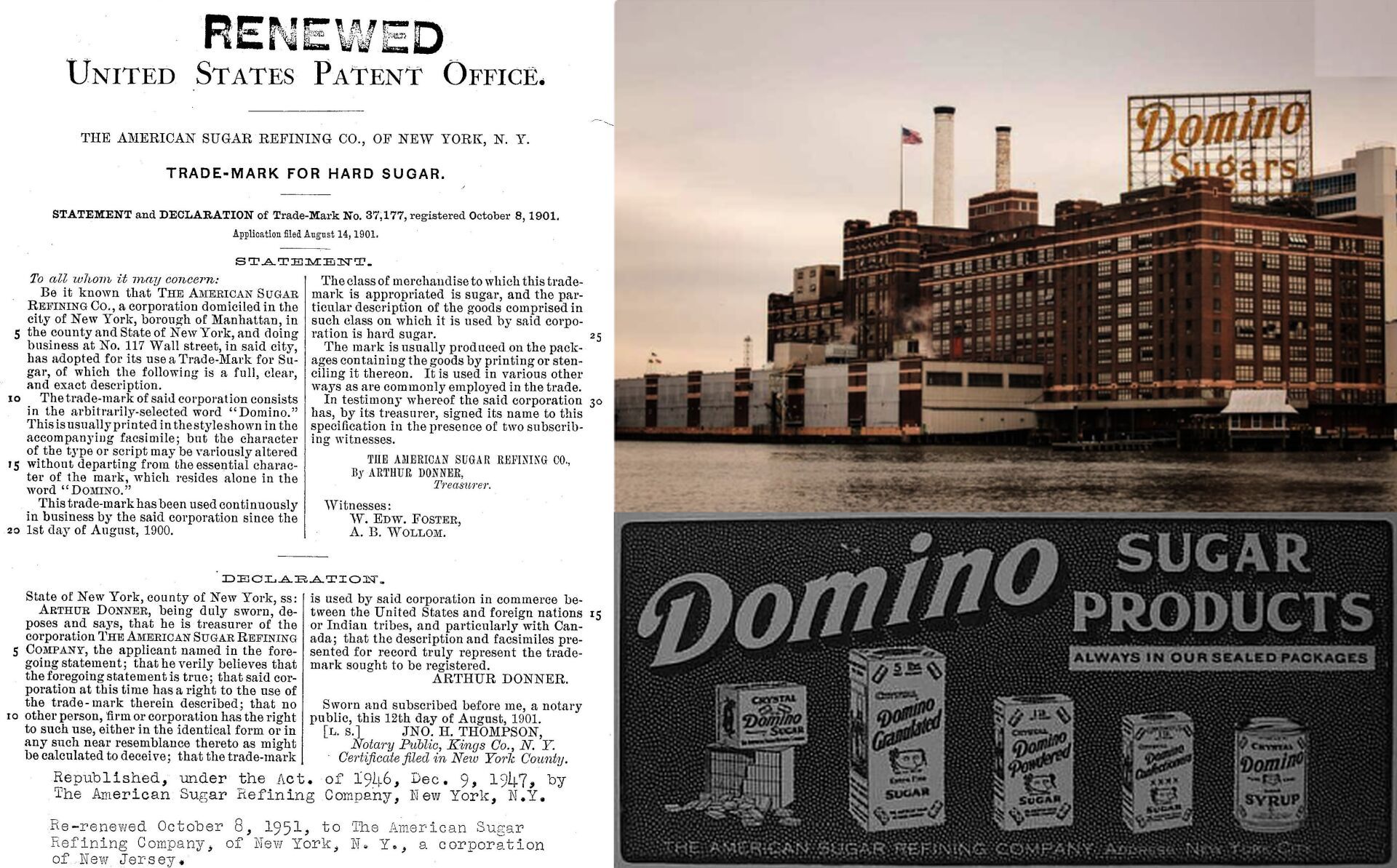 Patent document, Domino sugar factory, and advertisement featuring different Domino sugar products.