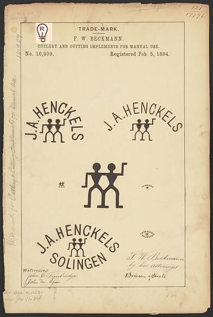 Trade mark registration with J.A. Henckels logo. Includes variations of the twin figures logo and text.