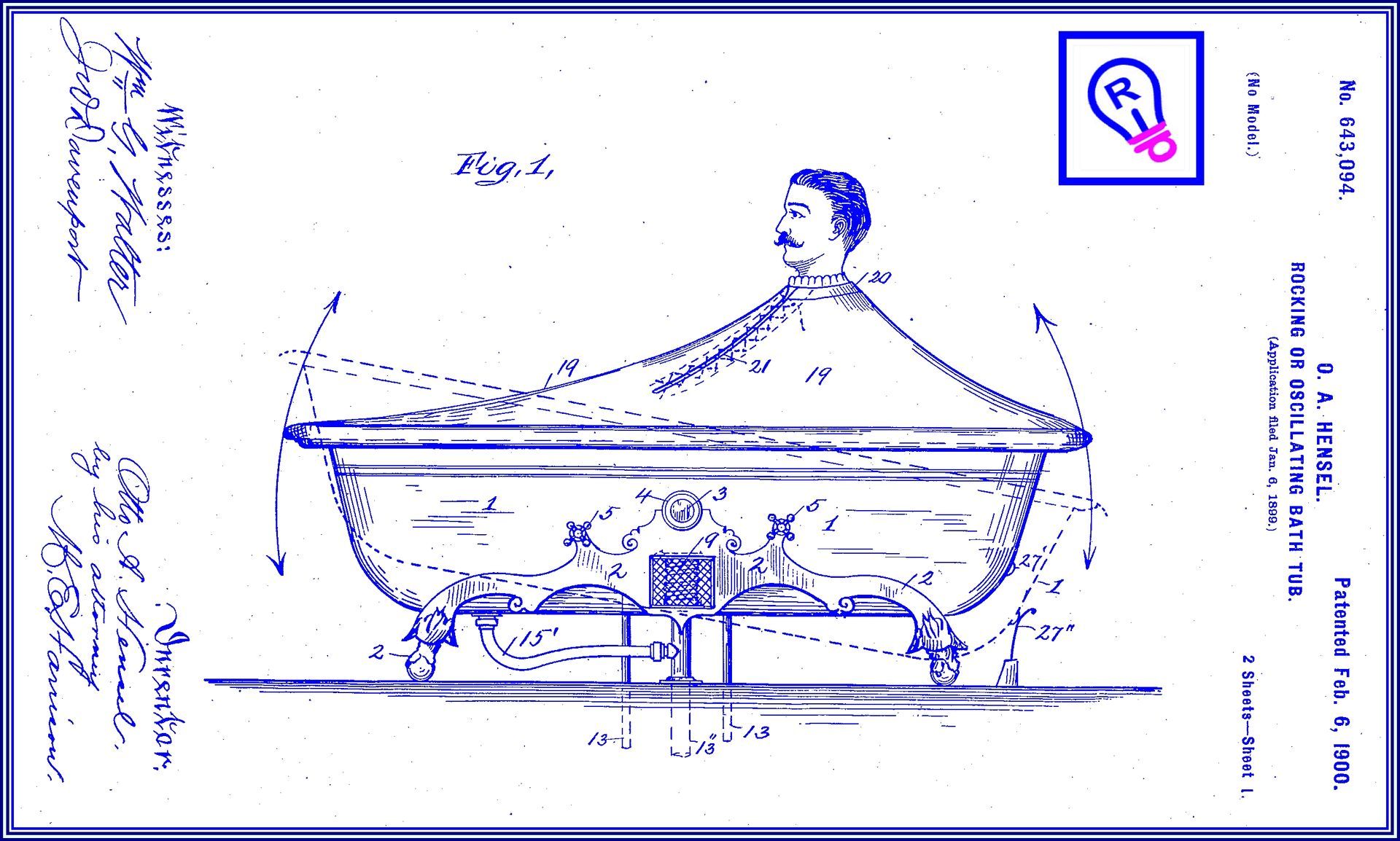 Patent drawing of a man in a bathtub covered by a tent-like contraption.